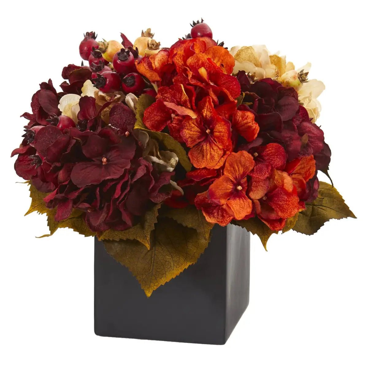 12” Autumn Hydrangea Berry Artificial Arrangement in Black Vase - Nearly Natural