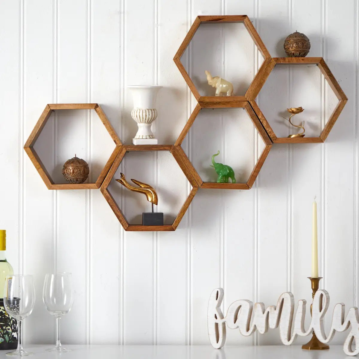 12” Wooden Hexagon Floating Honeycomb Shelve (Set of 5) - Nearly Natural