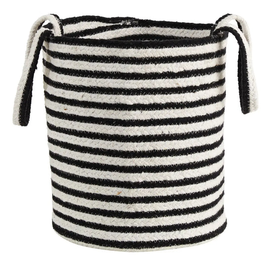 13” Boho Chic Basket Natural Cotton Handwoven Black and White Stripe with Handles - Nearly Natural