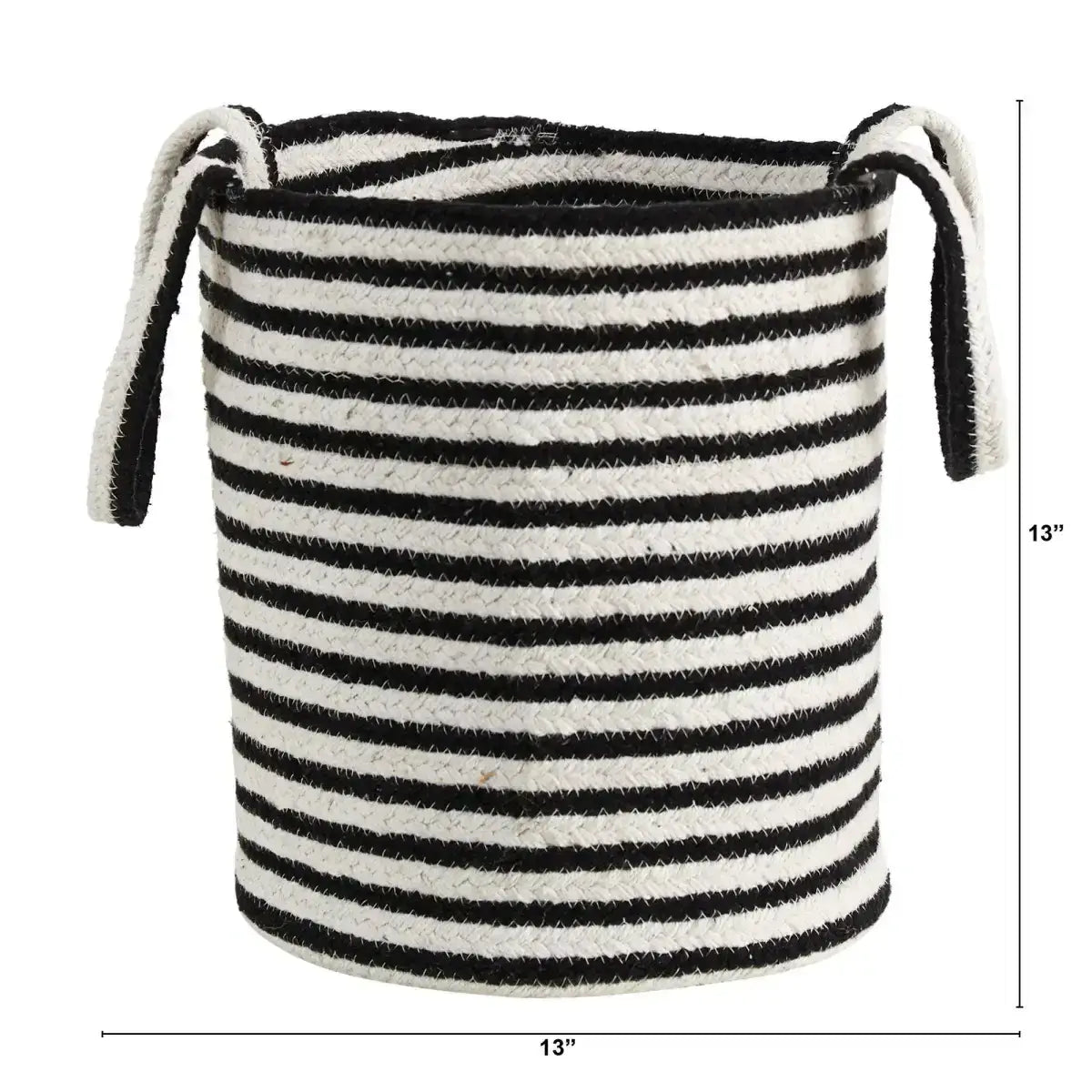 13” Boho Chic Basket Natural Cotton Handwoven Black and White Stripe with Handles - Nearly Natural