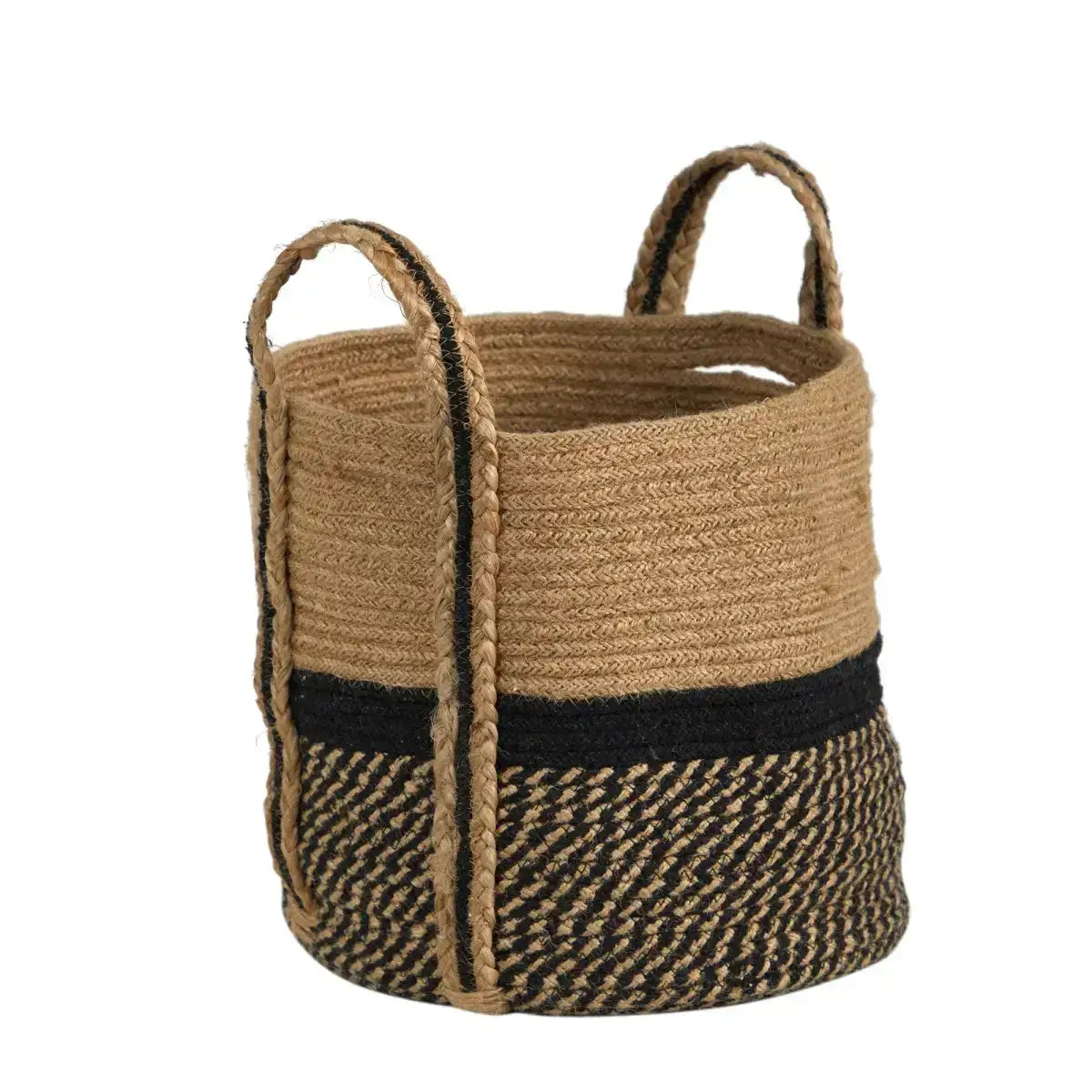 13’’ Boho Chic Basket Natural Jute Basket Planter Black Bottom Natural Top with Handles’ - Nearly Natural