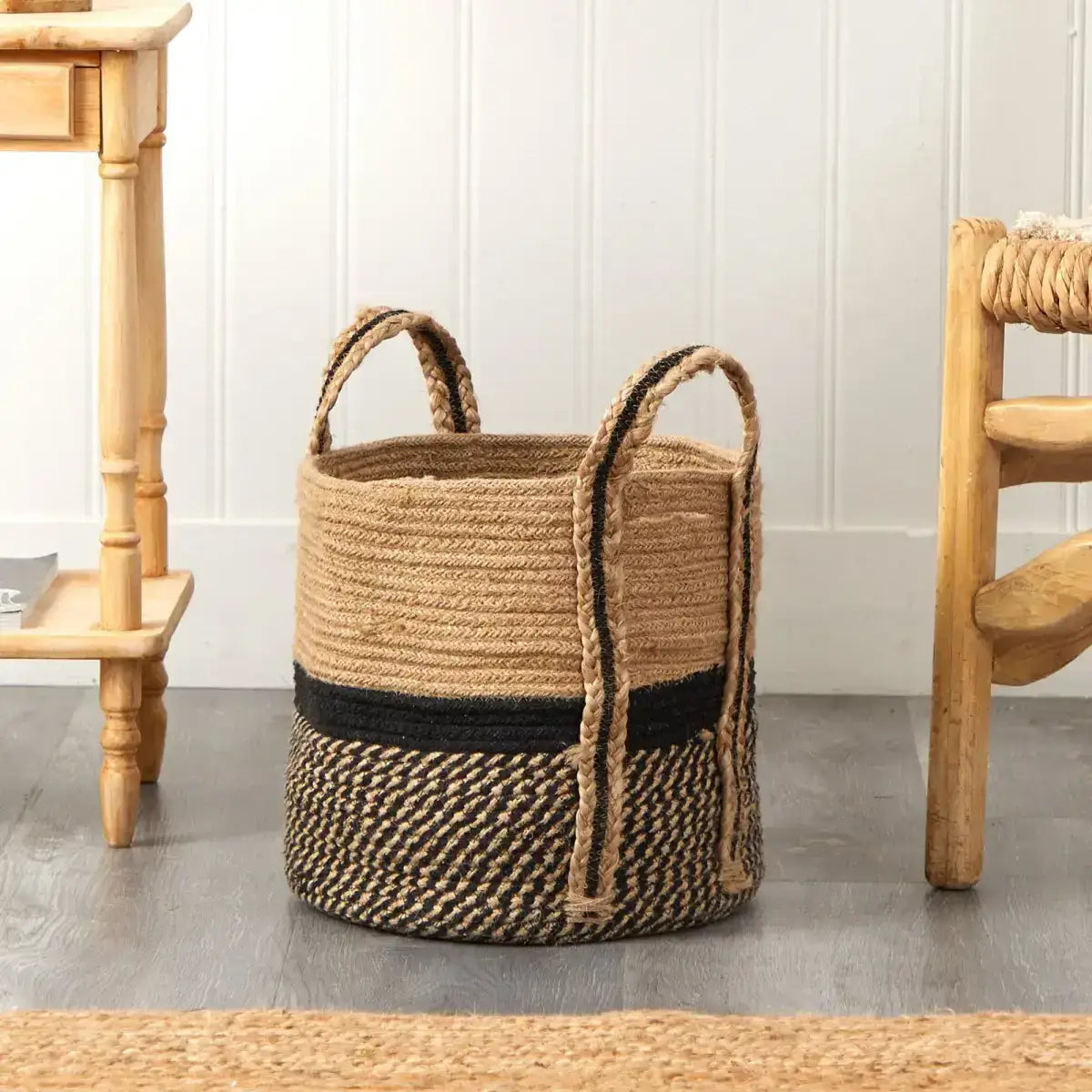 13’’ Boho Chic Basket Natural Jute Basket Planter Black Bottom Natural Top with Handles’ - Nearly Natural