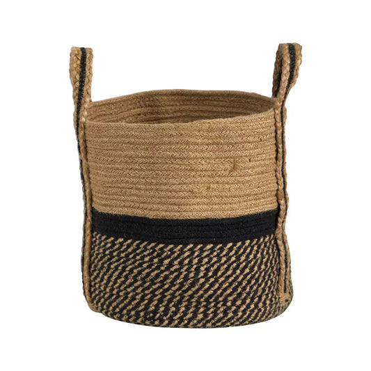 13’’ Boho Chic Basket Natural Jute Basket Planter Black Bottom Natural Top with Handles’ - Nearly Natural