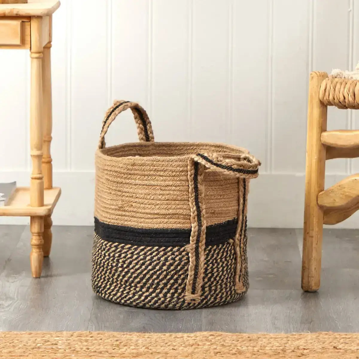 13’’ Boho Chic Basket Natural Jute Basket Planter Black Bottom Natural Top with Handles’ - Nearly Natural