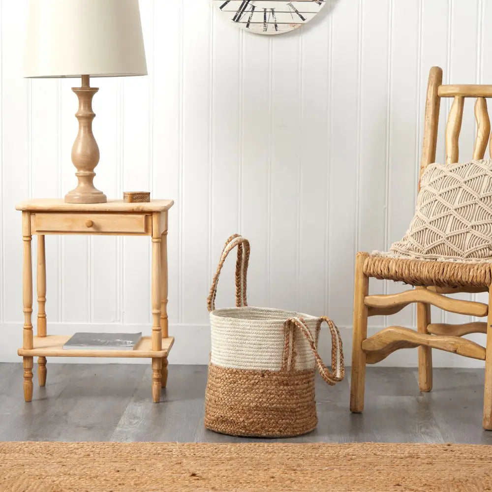 14” Boho Chic Basket Natural Cotton and Jute with Handles - Nearly Natural