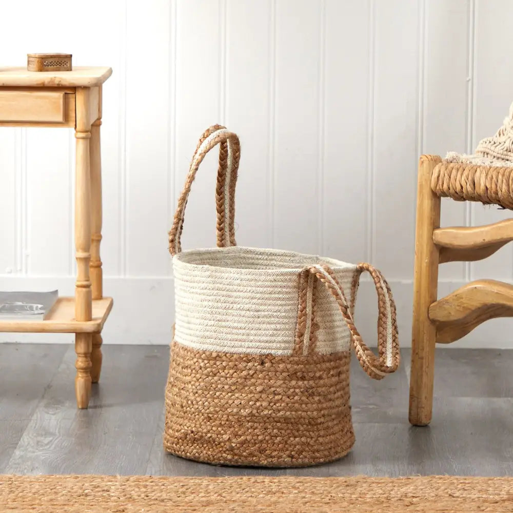 14” Boho Chic Basket Natural Cotton and Jute with Handles - Nearly Natural