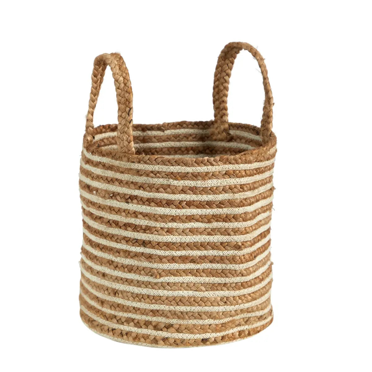 14” Boho Chic Basket Natural Cotton and Jute Handwoven Stripe with Handles - Nearly Natural