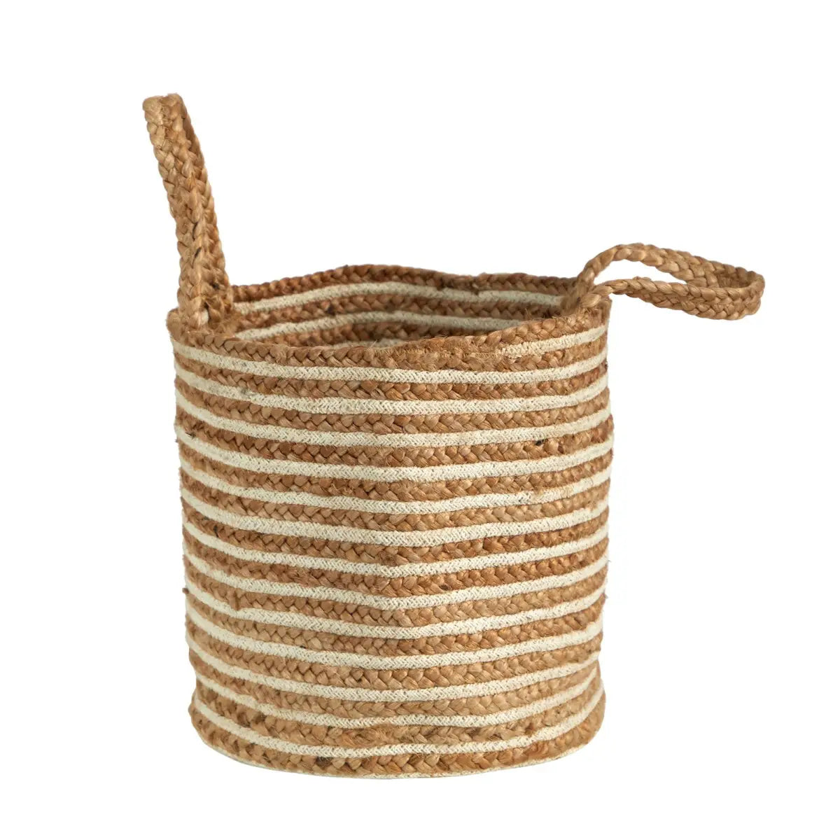 14” Boho Chic Basket Natural Cotton and Jute Handwoven Stripe with Handles - Nearly Natural