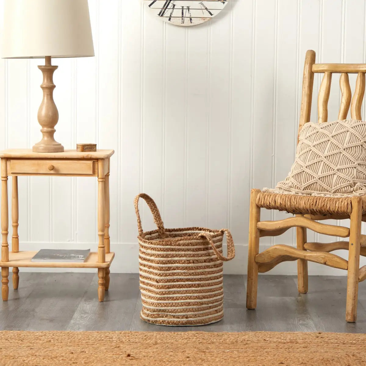 14” Boho Chic Basket Natural Cotton and Jute Handwoven Stripe with Handles - Nearly Natural