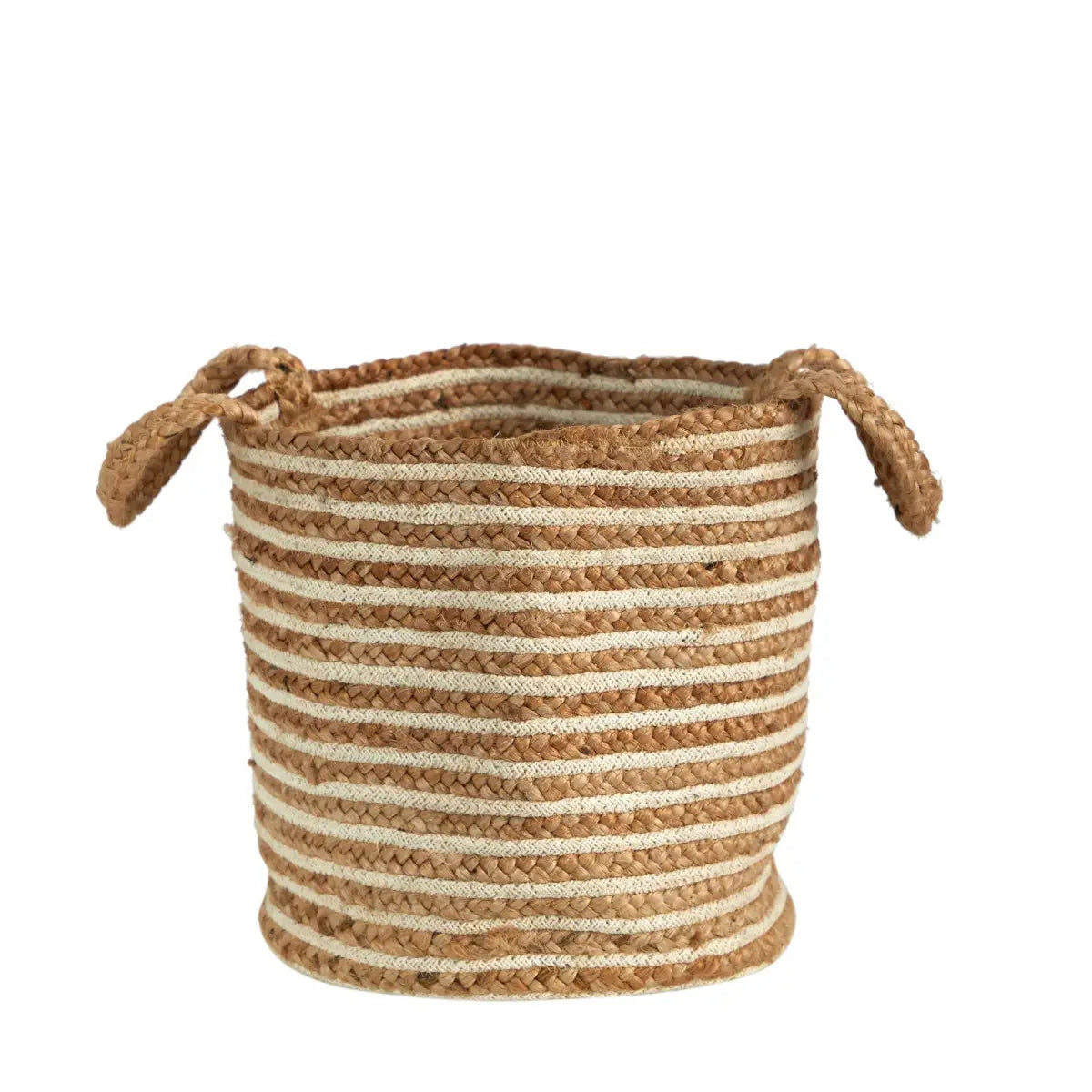 14” Boho Chic Basket Natural Cotton and Jute Handwoven Stripe with Handles - Nearly Natural