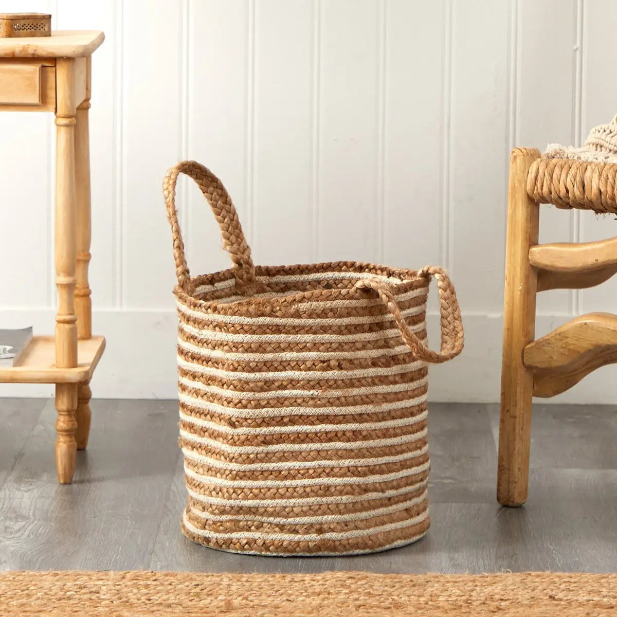 14” Boho Chic Basket Natural Cotton and Jute Handwoven Stripe with Handles - Nearly Natural