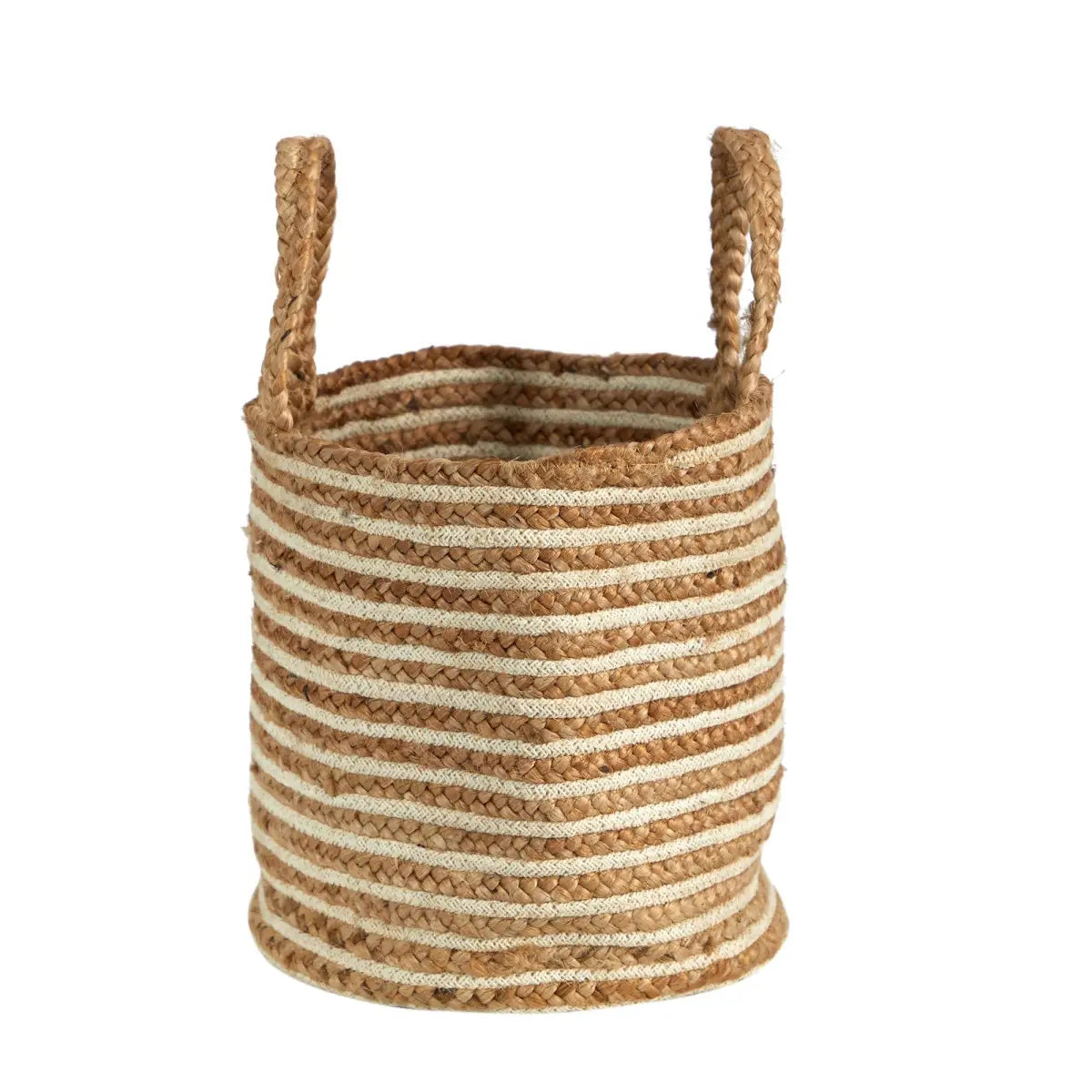 14” Boho Chic Basket Natural Cotton and Jute Handwoven Stripe with Handles - Nearly Natural
