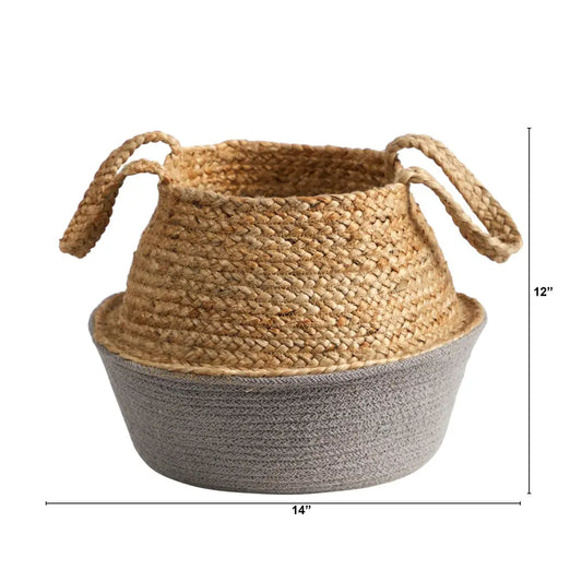 14” Boho Chic Handmade Cotton & Jute Gray Woven Planter - Nearly Natural