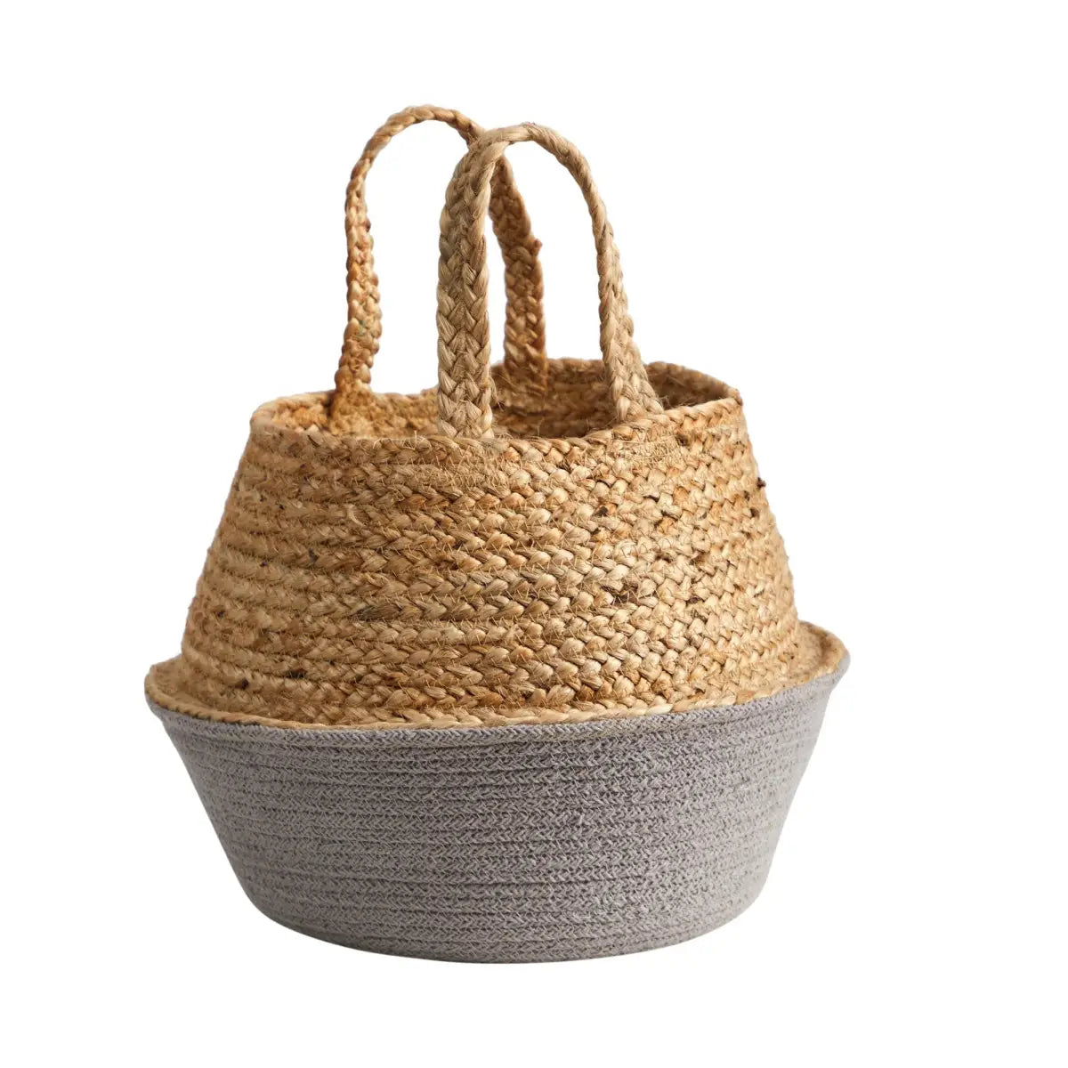 14” Boho Chic Handmade Cotton & Jute Gray Woven Planter - Nearly Natural