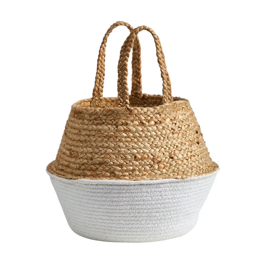 14” Boho Chic Handmade Cotton & Jute White Woven Planter - Nearly Natural