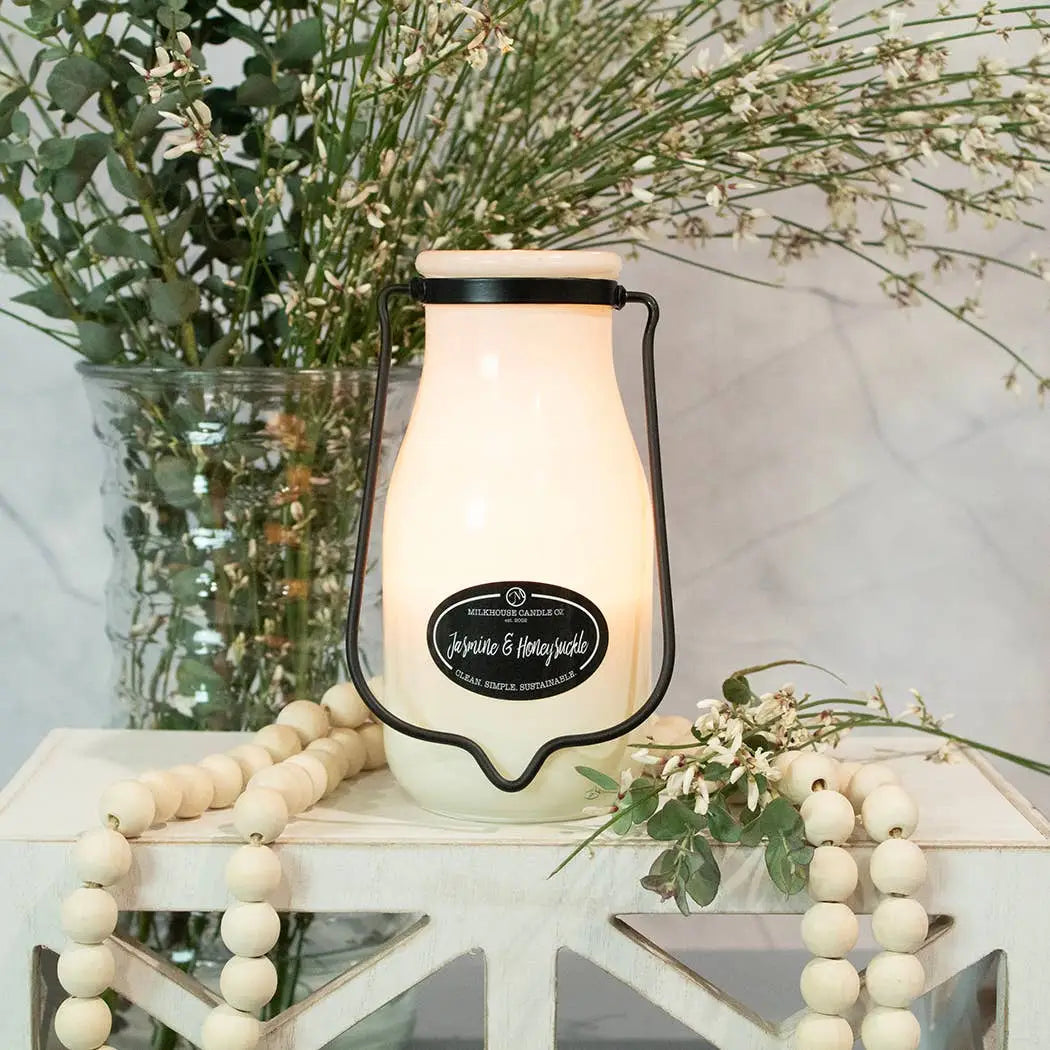 14 oz Milkbottle Candle: Jasmine & Honeysuckle - Milkhouse Candle Company