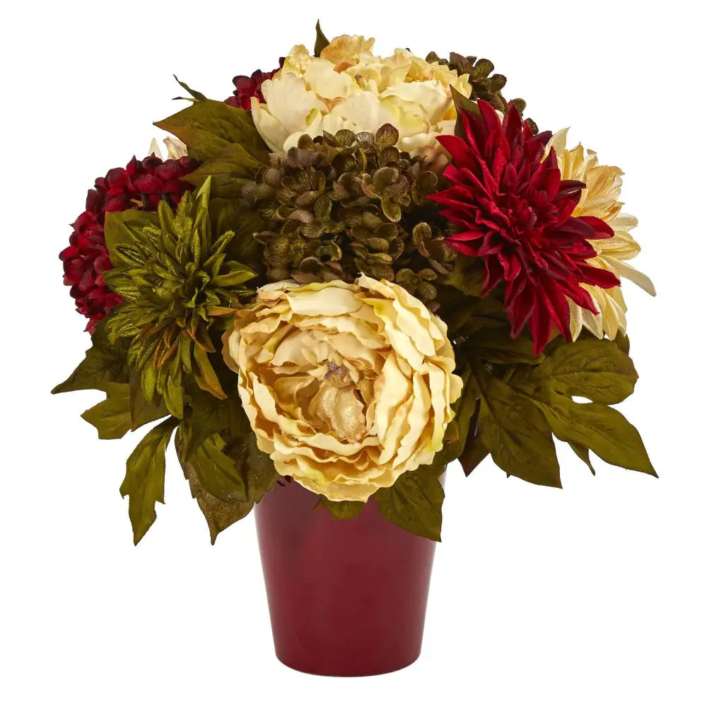 14” Peony Hydrangea and Dahlia Artificial Arrangement in Burgundy Vase - Nearly Natural