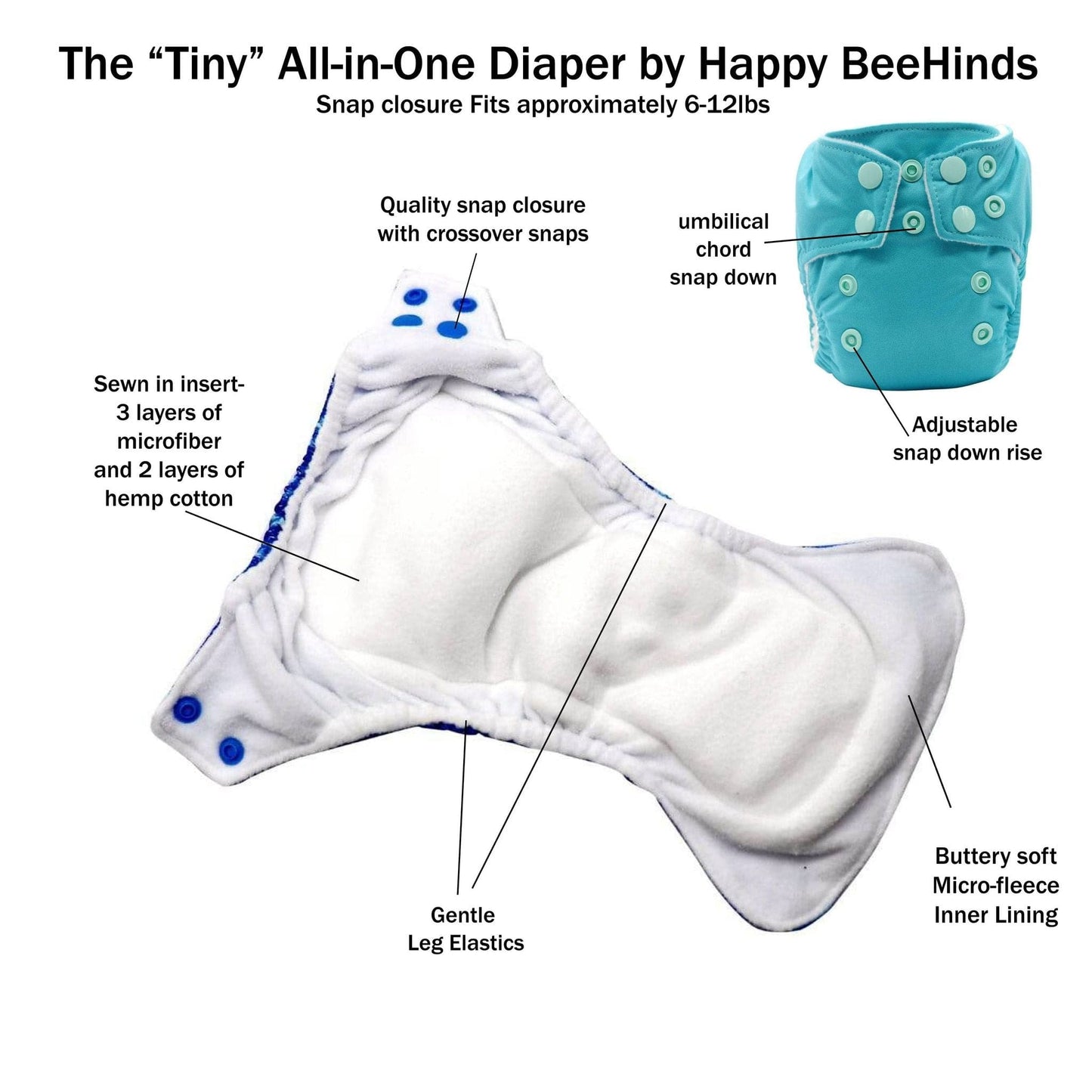 THE "TINY" NEWBORN ALL IN ONE BY HAPPY BEEHINDS (WITH BACK POCKET)