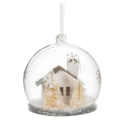 House w/Tree Glass Ball Ornament - 3’’H - Abbott