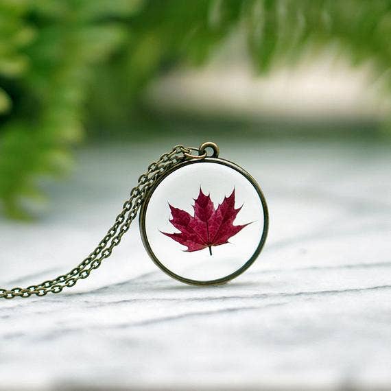 King Crimson Maple Leaf Necklace, Pressed Leaf