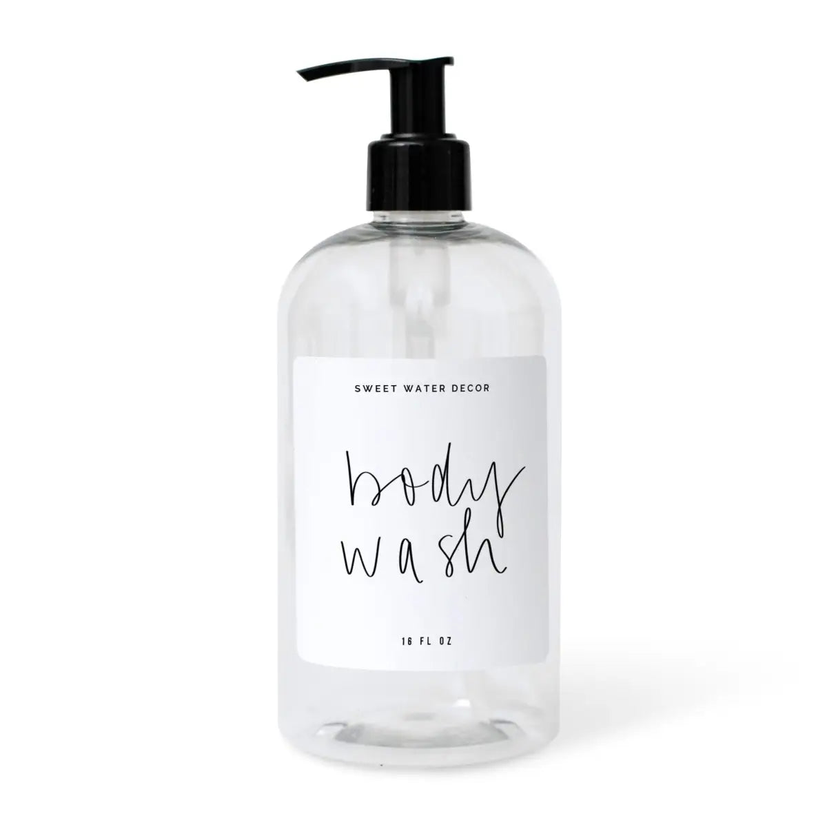16oz Clear Plastic Body Wash Dispenser - White Label - Sweet Water Decor