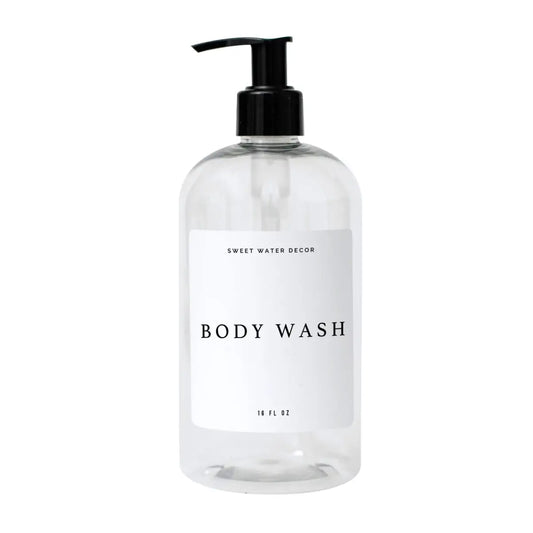 16oz Clear Plastic Body Wash Dispenser - White Text Label - Sweet Water Decor