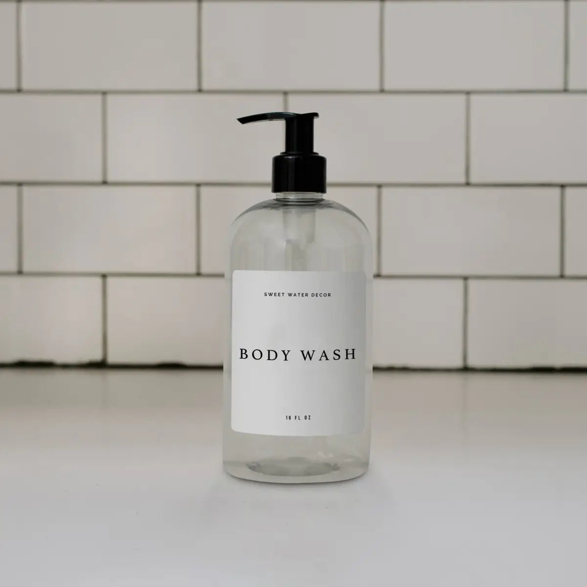 16oz Clear Plastic Body Wash Dispenser - White Text Label - Sweet Water Decor