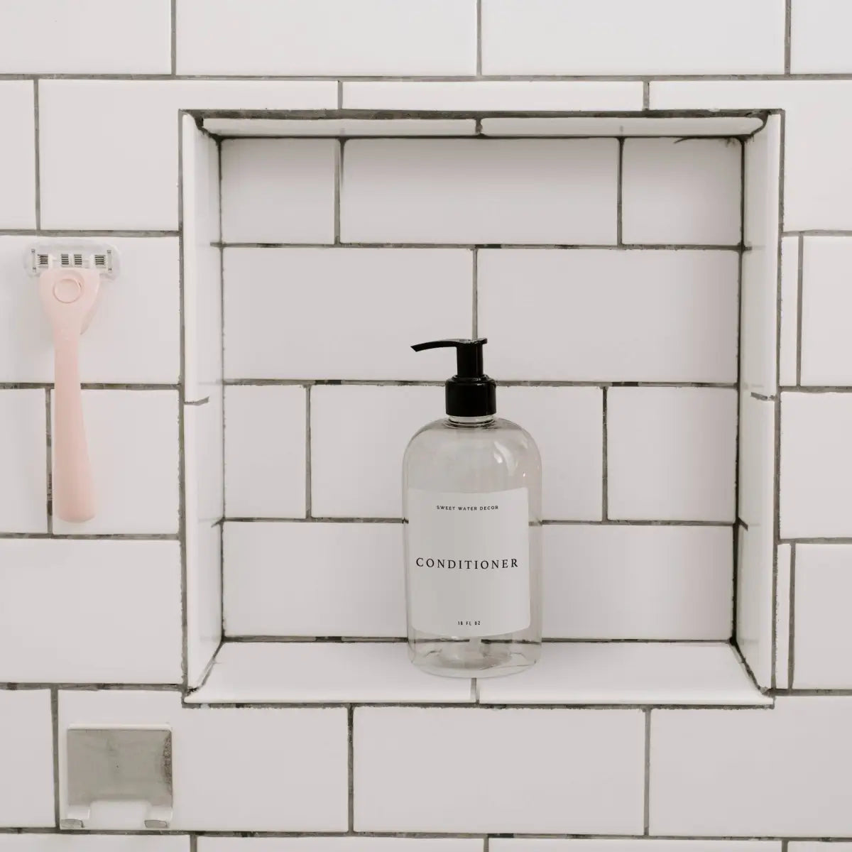 16oz Clear Plastic Conditioner Dispenser - White Text Label - Sweet Water Decor