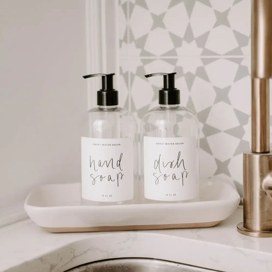 16oz Clear Plastic Countertop Dispenser Set of 2 - White Label - Dish Soap & Hand Soap Dispenser Set - Sweet Water Decor