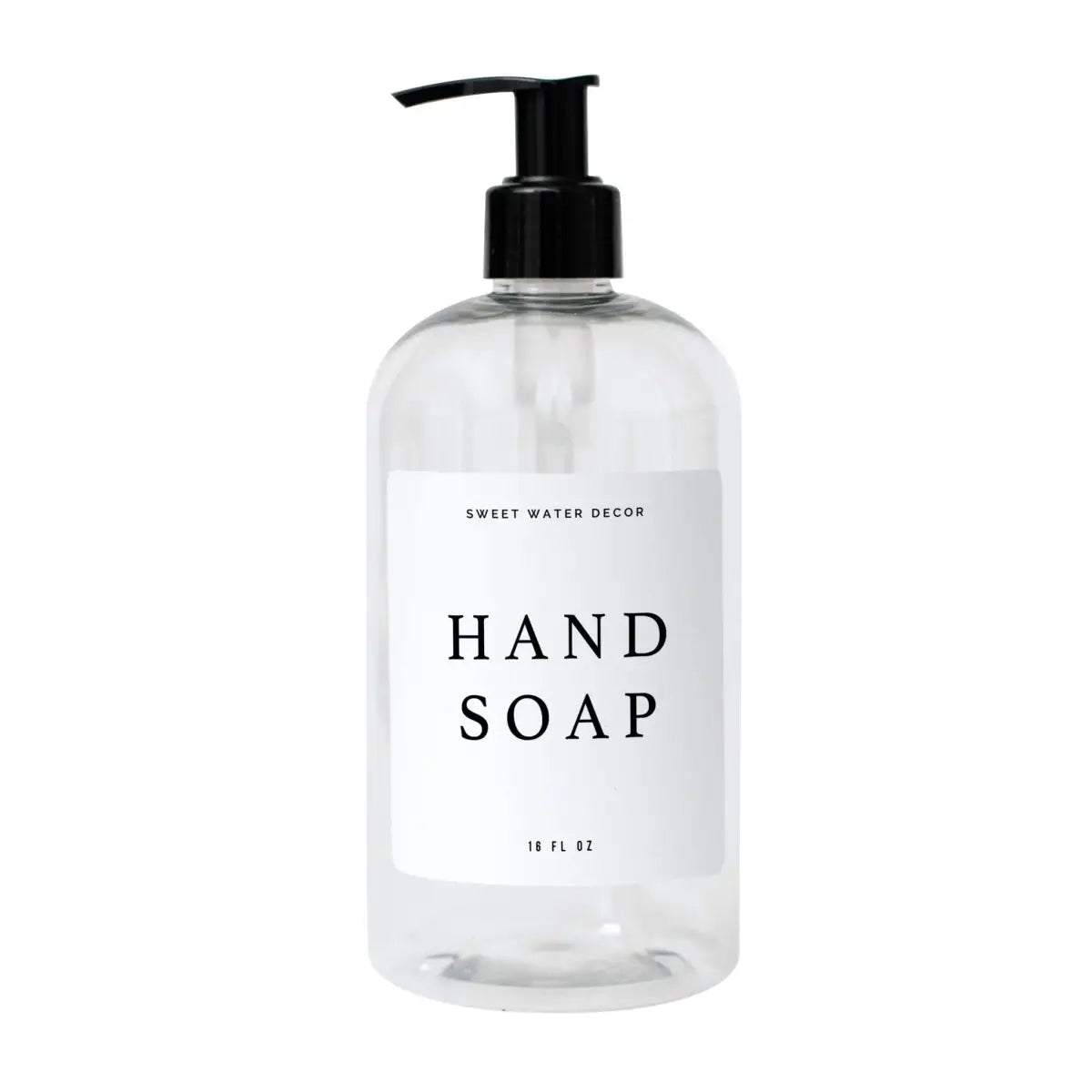 16oz Clear Plastic Hand Soap Dispenser - White Text Label - Sweet Water Decor