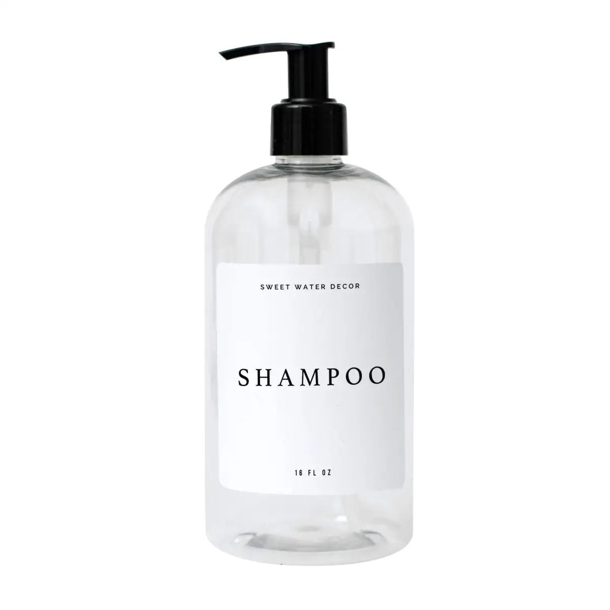 16oz Clear Plastic Shampoo Dispenser- White Text Label - Sweet Water Decor
