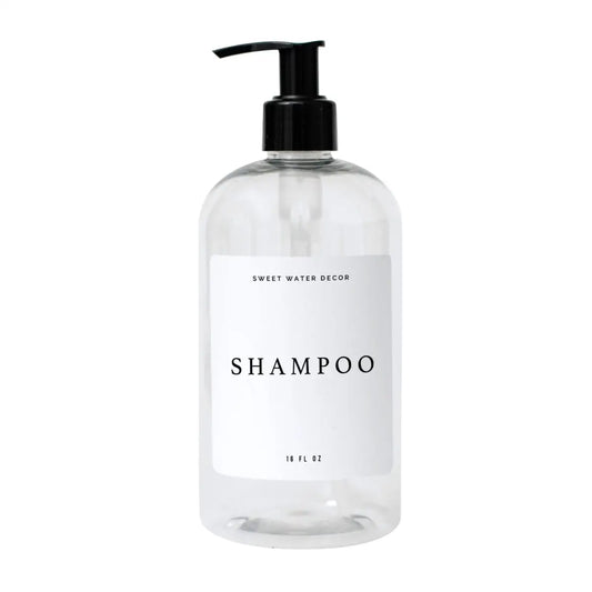16oz Clear Plastic Shampoo Dispenser- White Text Label - Sweet Water Decor