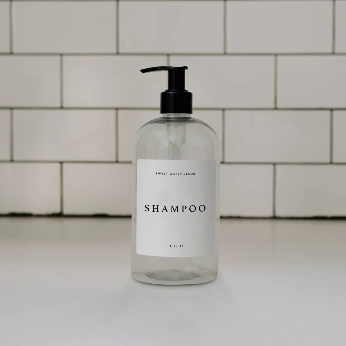 16oz Clear Plastic Shampoo Dispenser- White Text Label - Sweet Water Decor