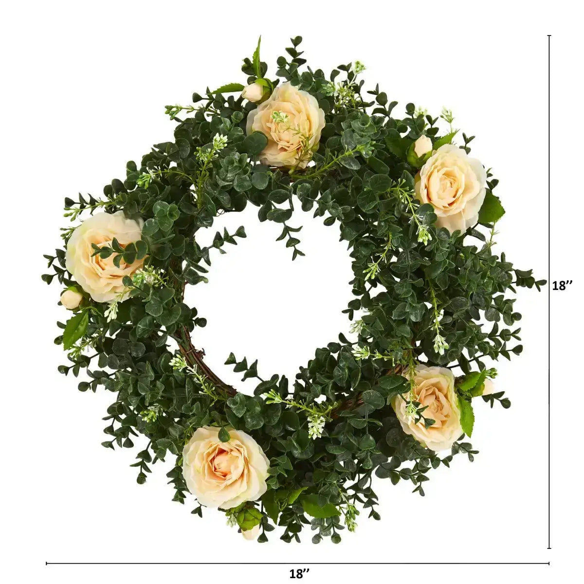 18” Eucalyptus and Camellia Double Ring Artificial Wreath with Twig Base - Nearly Natural
