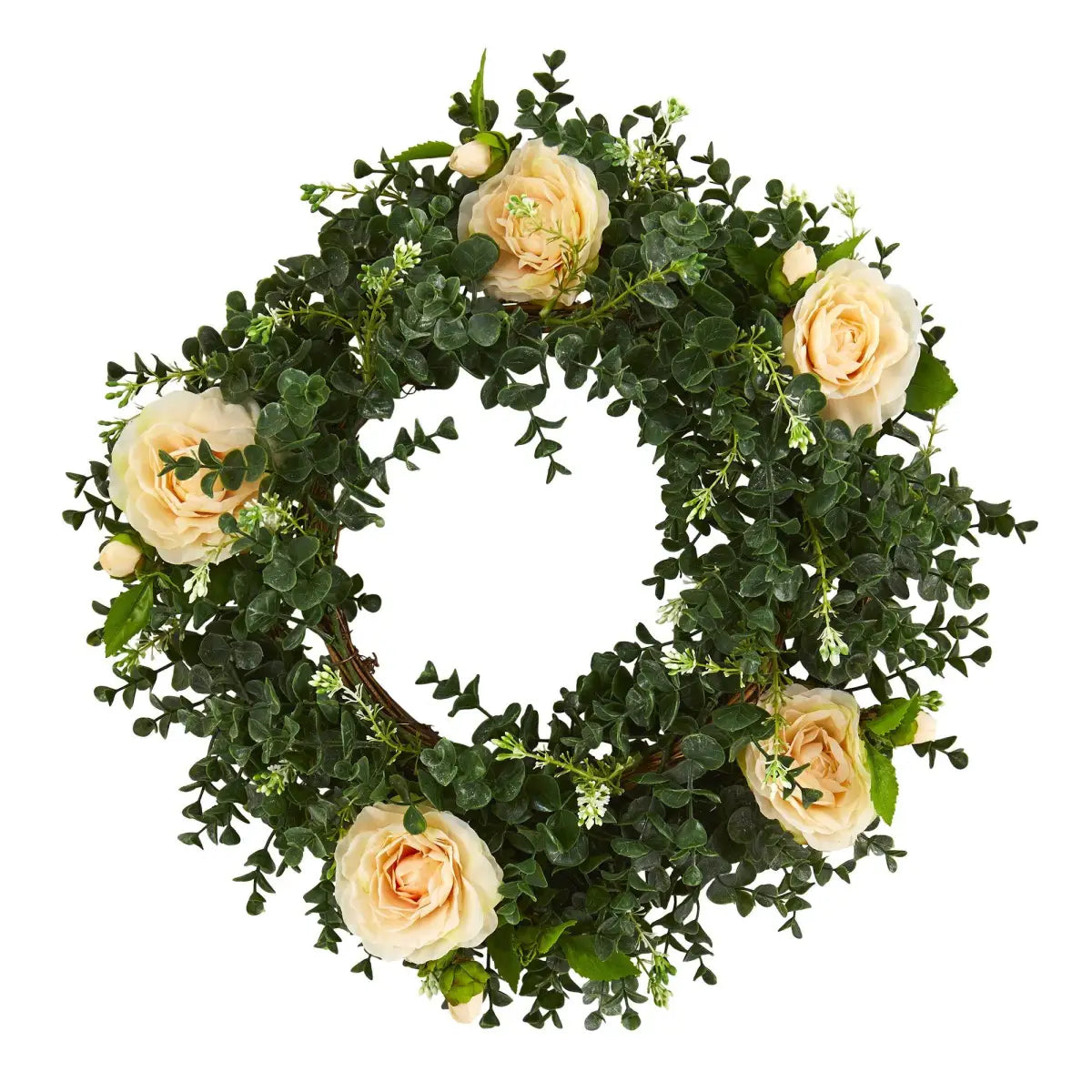 18” Eucalyptus and Camellia Double Ring Artificial Wreath with Twig Base - Peach - Nearly Natural