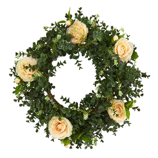 18” Eucalyptus and Camellia Double Ring Artificial Wreath with Twig Base - Peach - Nearly Natural