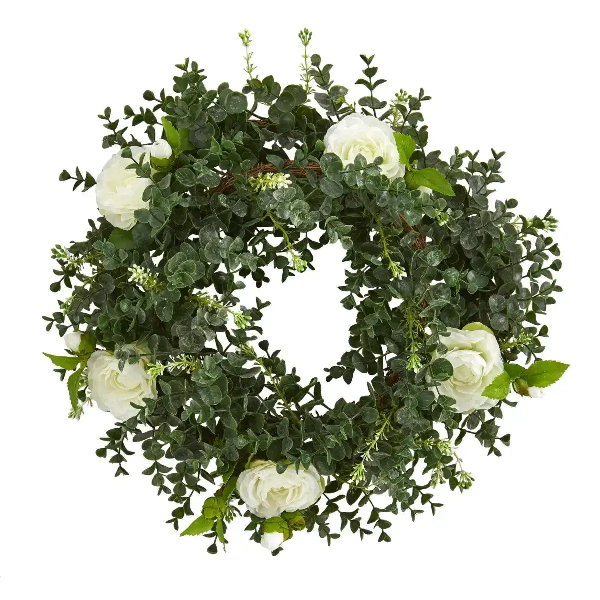 18” Eucalyptus and Camellia Double Ring Artificial Wreath with Twig Base - White - Nearly Natural