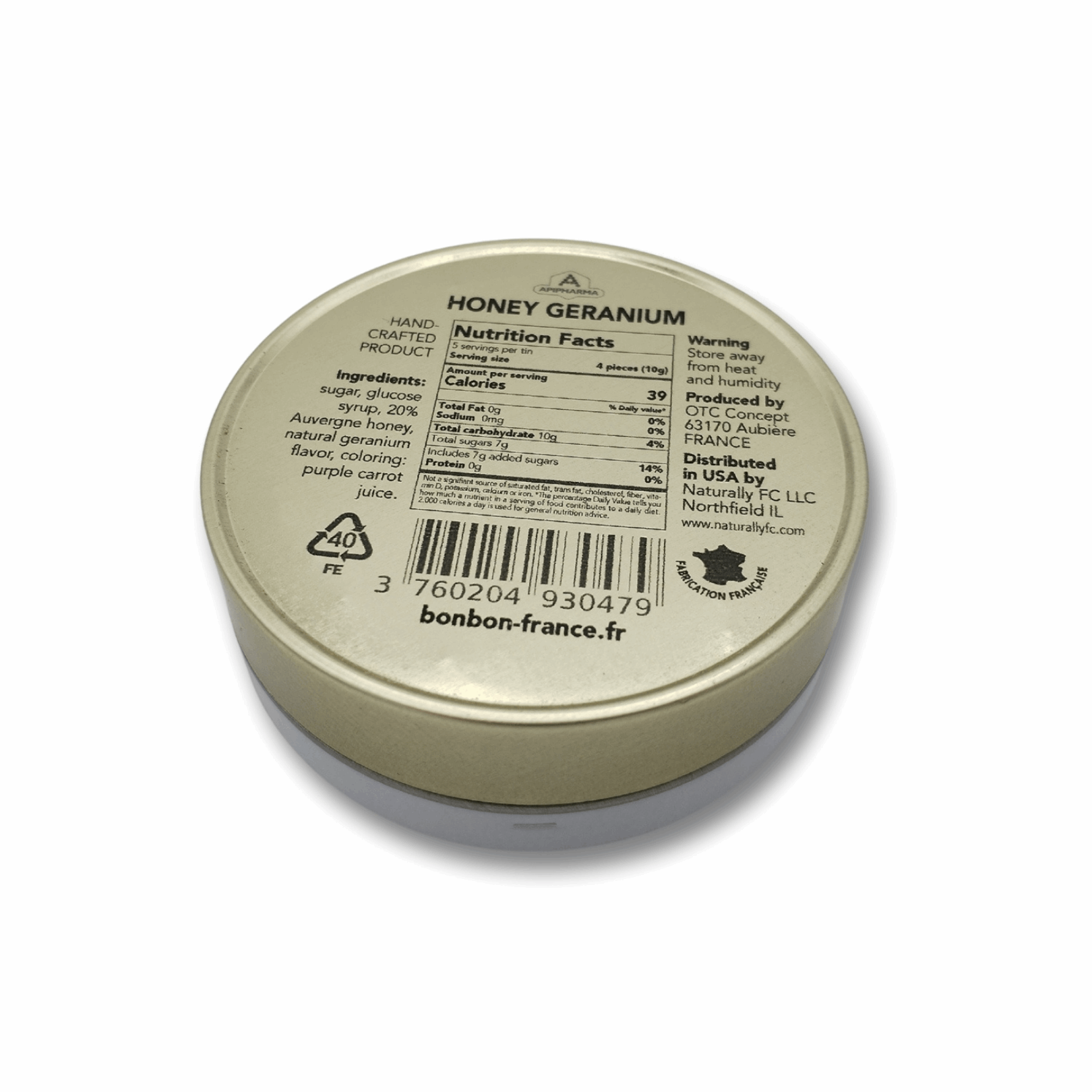 Honey Geranium - French Gourmet Natural Candy Tin - Apipharma - Bonbon USA France