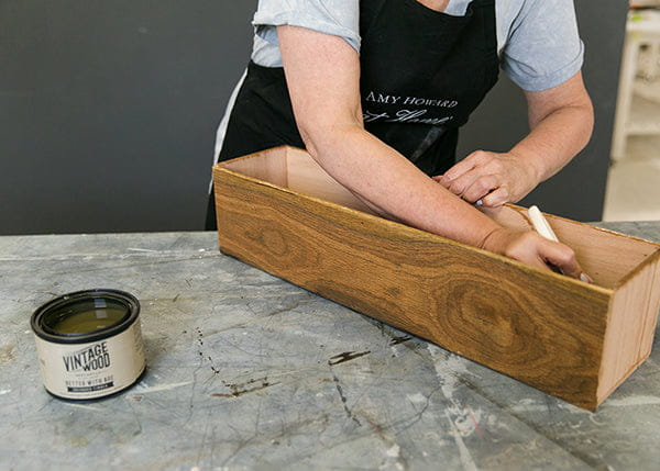 Weathered raw wood box with natural tannins finish for wood floors