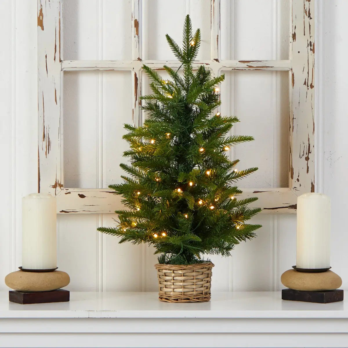 2’ Artificial Christmas Tree with 35 Clear LED Lights in Decorative Basket - Green - Nearly Natural