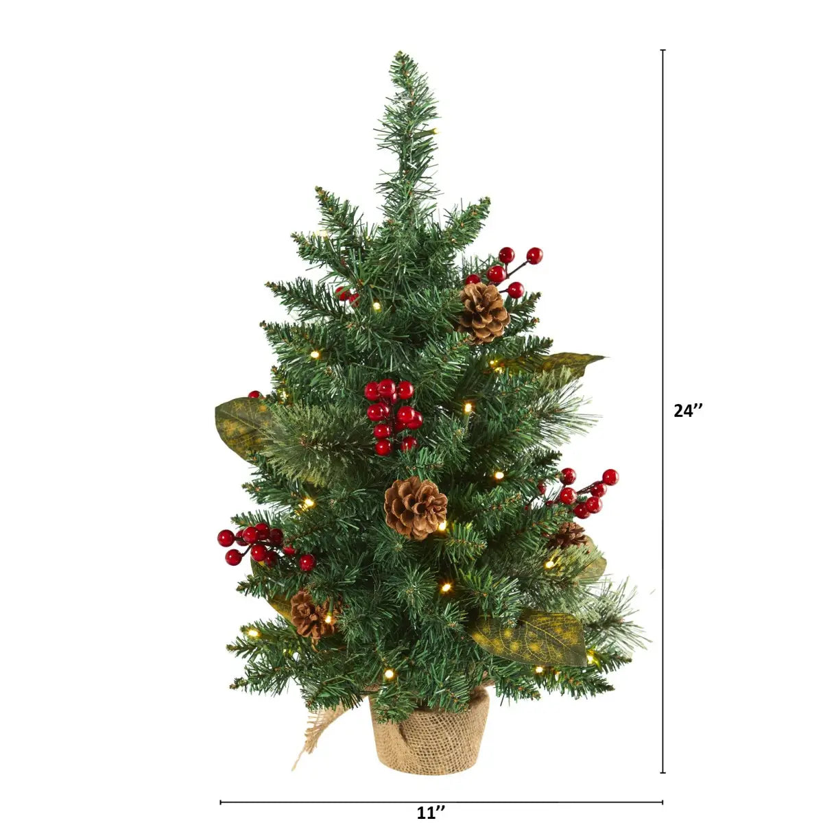 2’ Pine Pinecone and Berries Artificial Christmas Tree with 35 LED Lights and 86 Bendable Branches - Green - Nearly
