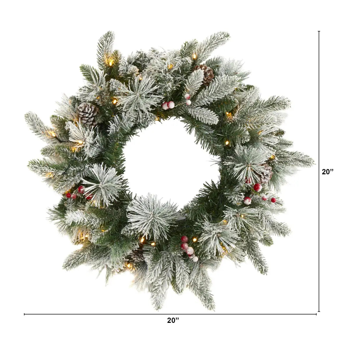 20” Flocked Mixed Pine Artificial Christmas Wreath with 50 LED Lights Pine Cones and Berries - Nearly Natural