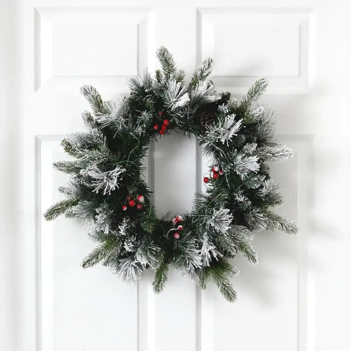 20” Flocked Mixed Pine Artificial Christmas Wreath with 50 LED Lights Pine Cones and Berries - Nearly Natural