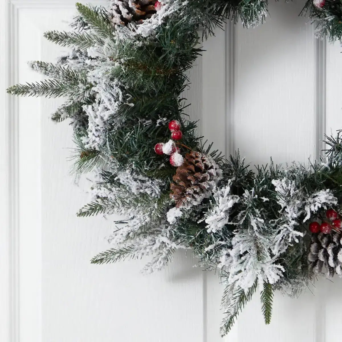 20” Flocked Mixed Pine Artificial Christmas Wreath with 50 LED Lights Pine Cones and Berries - Nearly Natural