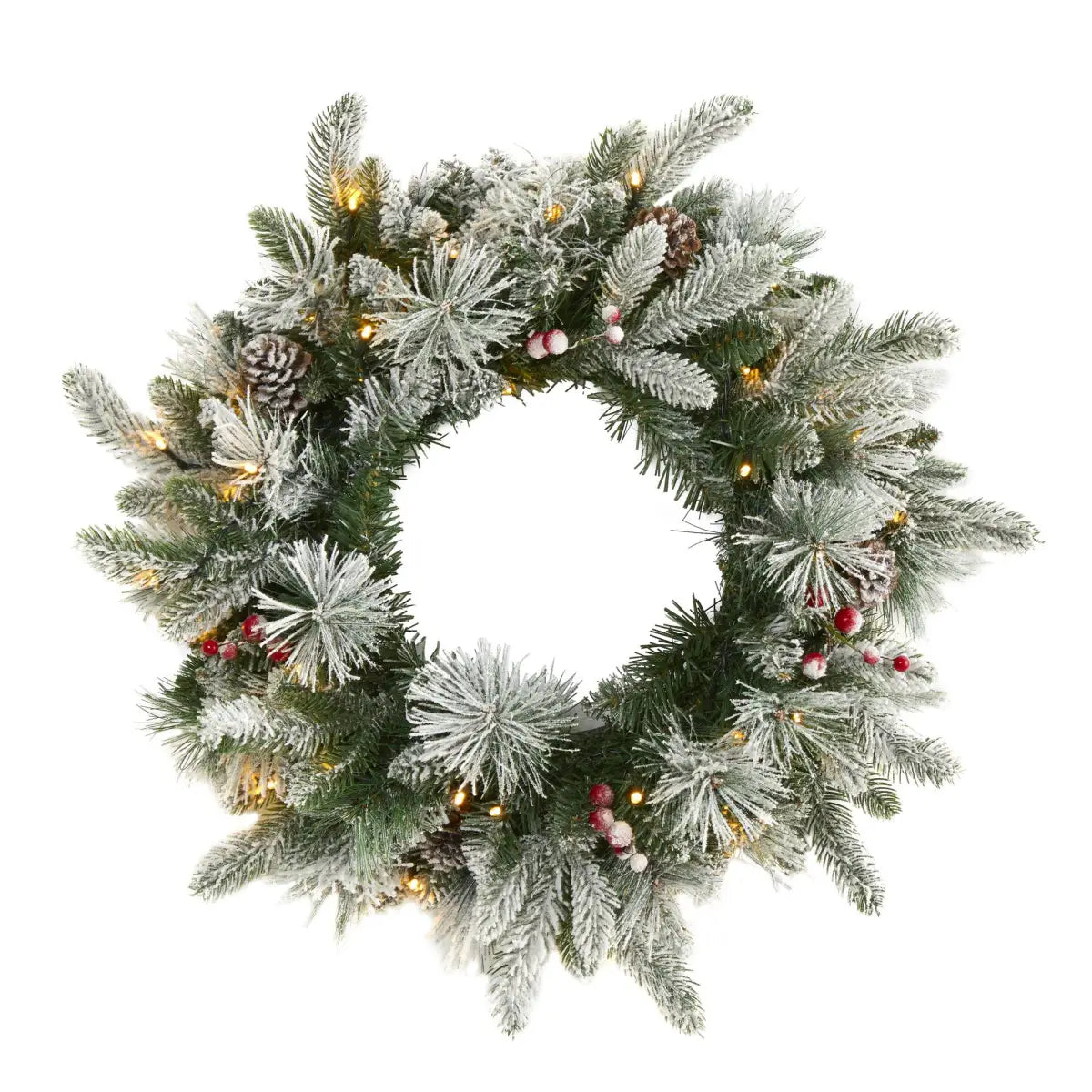 20” Flocked Mixed Pine Artificial Christmas Wreath with 50 LED Lights Pine Cones and Berries - Nearly Natural