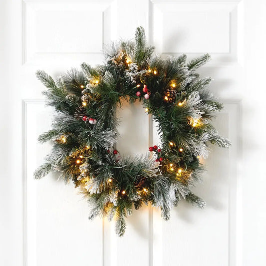 20” Flocked Mixed Pine Artificial Christmas Wreath with 50 LED Lights Pine Cones and Berries - Nearly Natural