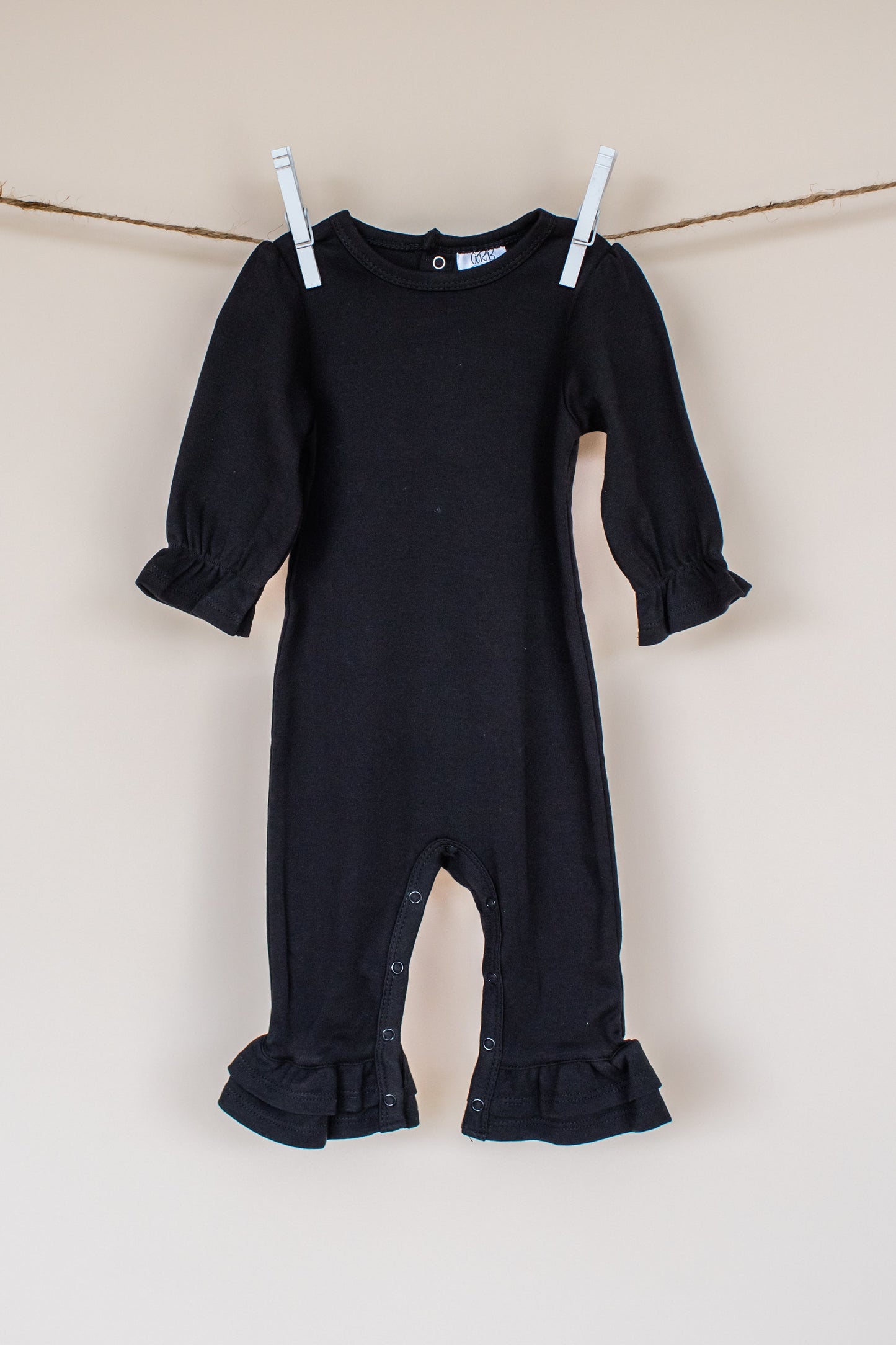 Girl’s Long Sleeve Ruffle Rompers - Black / 3-6 Month - ARB Blanks
