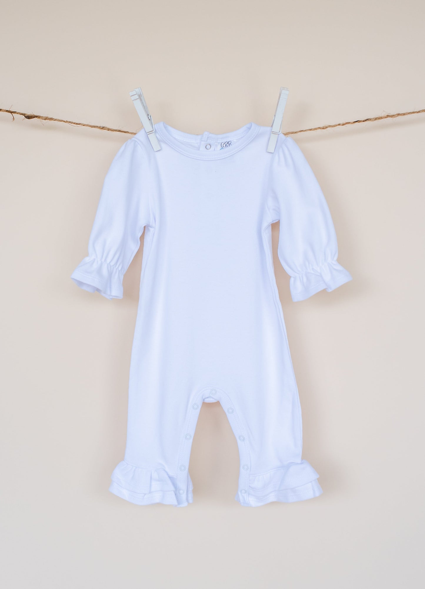 Girl’s Long Sleeve Ruffle Rompers - White / 0-3 Month - ARB Blanks