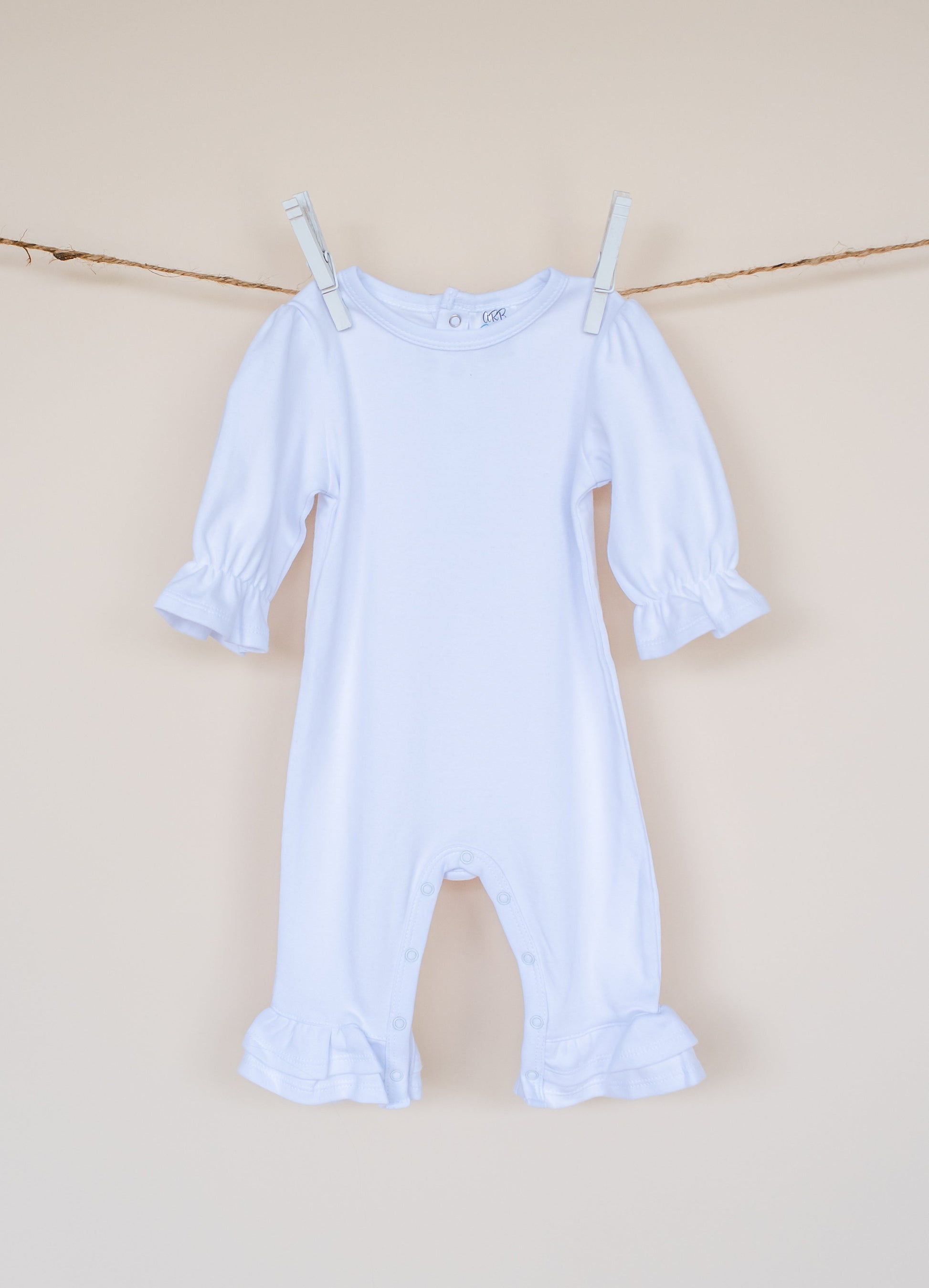 Girl’s Long Sleeve Ruffle Rompers - White / 0-3 Month - ARB Blanks