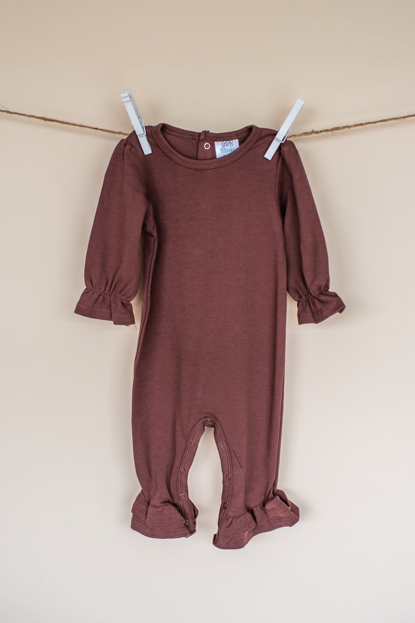 Girl’s Long Sleeve Ruffle Rompers - Brown / 3-6 Month - ARB Blanks